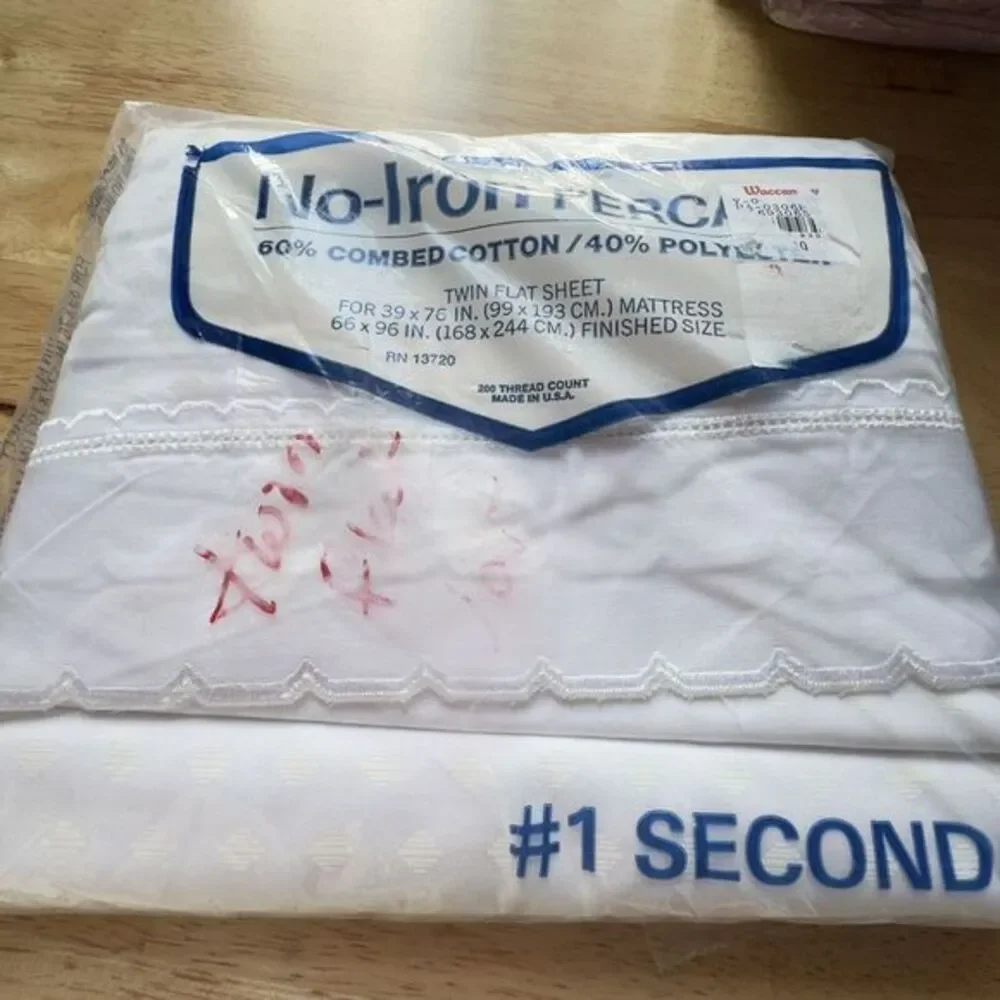 VTG No Iron Percale TWIN White Diamond‎ & Scalloped Trim Flat Sheet Waccamaw